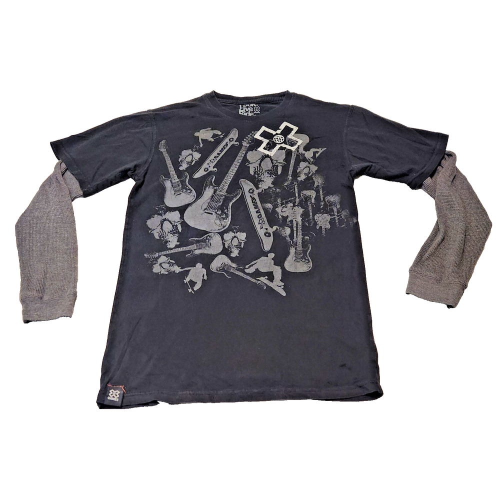 Vintage X Games Guitars Skateboards T-Shirt attached Long Sleeve T Shirt Boys XL